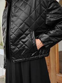 SHEIN Frenchy Zip Up Snap Button Front Quilted Coat In Fall/Winter Black Casual - Black - View 4