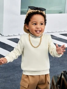 SHEIN 男嬰休閒針織柔軟街頭風格字母印花圓領運動衫 - 杏色 - 查看 7