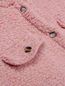 青少年女孩翻蓋細節弧形下擺絨毛外套 - 粉色 - 查看 4