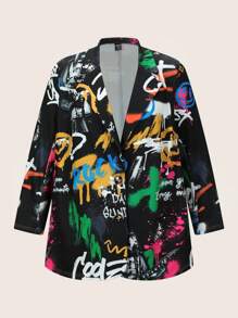 SHEIN CURVE+ 大碼塗鴉圖案西裝領西裝外套 - 彩色 - 查看 1