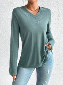 SHEIN Frenchy Chèn ren Guipure Áo thun - xanh quân đội - Xem 6