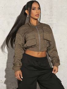 SHEIN SXY Flap Pocket Drop Shoulder Crop Jacket Party - Army Green - View 5