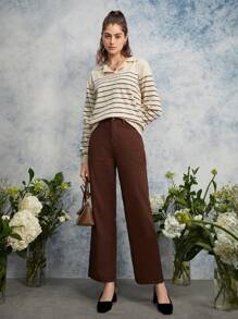 Dazy-Less Gestreifter Raglanärmel Pullover, Langarm Oberteil, Herbstkleidung Business Lässig Arbeitskleidung für Frauen - Aprikosenfarben - Übersicht 6