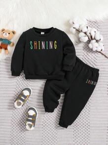 SHEIN 嬰兒男童字母圖案運動衫和運動長褲 - 黑色 - 查看 1