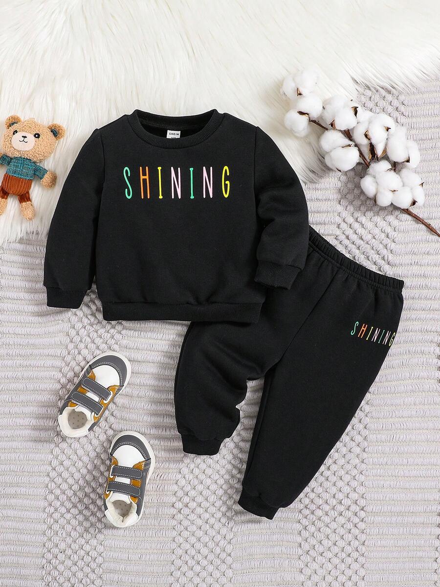 SHEIN 嬰兒男童字母圖案運動衫和運動長褲 - 黑色 - 查看 1