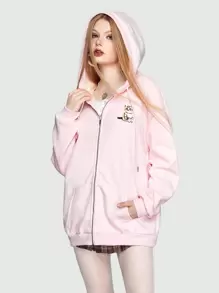 ROMWE Kawaii Dây kéo Thả vai Tranh thêu mèo Hoodie - Hồng - Xem 6