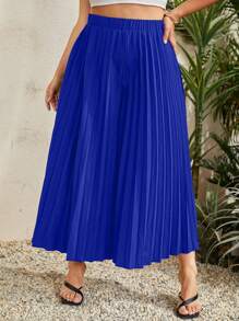 SHEIN Holidaya Plus Solid Pleated Wide Leg Pants - Royal Blue - View 4