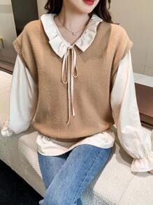 DAZY Solid Sweater Vest Without Blouse,Ruffle - Khaki - View 6