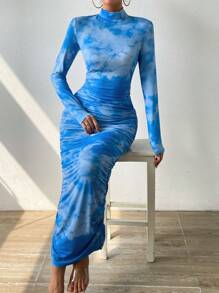 Chiquease Vestido ajustado de tie dye de cuello alto fruncido - Azul - Ver 5