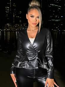 SHEIN SXY 交疊領PU皮革夾克 - 黑色 - 查看 4