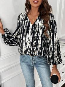 SHEIN Frenchy Nhuộm buộc Tay áo lồng đèn Áo sơ mi - màu đen - Xem 6