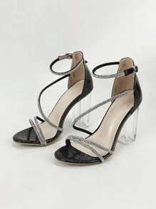 時尚高跟鞋女性鞋圓頭水晶跟黑色涼鞋 - 黑色 - 查看 6