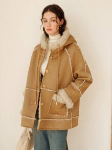 Abrigo con capucha con doble bolsillo de manga raglán con cordón - Caqui - Ver 1