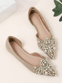 Women Faux Pearl Decor Flats, Fashionable Point Toe Ballet Flats - Camel - View 1