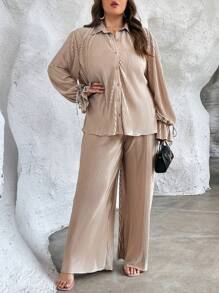 SHEIN Privé Plus Knot Cuff Shirt & Wide Leg Pants - Khaki - View 1