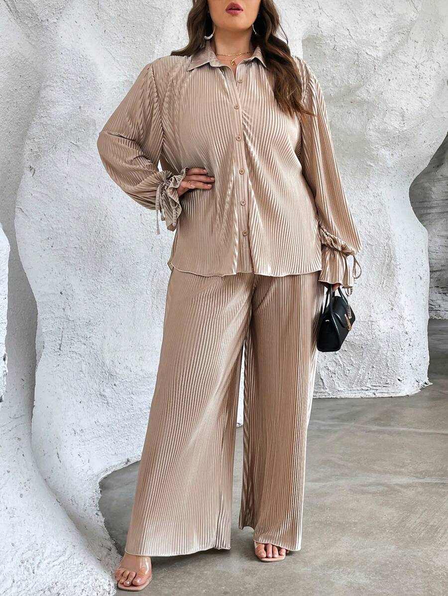 SHEIN Privé Plus Knot Cuff Shirt & Wide Leg Pants - Khaki - View 1
