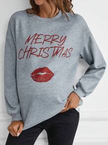 SHEIN Maternity Lip & Slogan Graphic Drop Shoulder Sweatshirt, For Winter - Grey - View 1