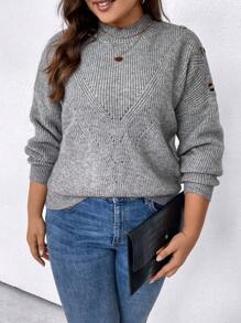 SHEIN LUNE 大碼紐扣細節小高領落肩袖套頭毛衣 - 灰色 - 查看 6