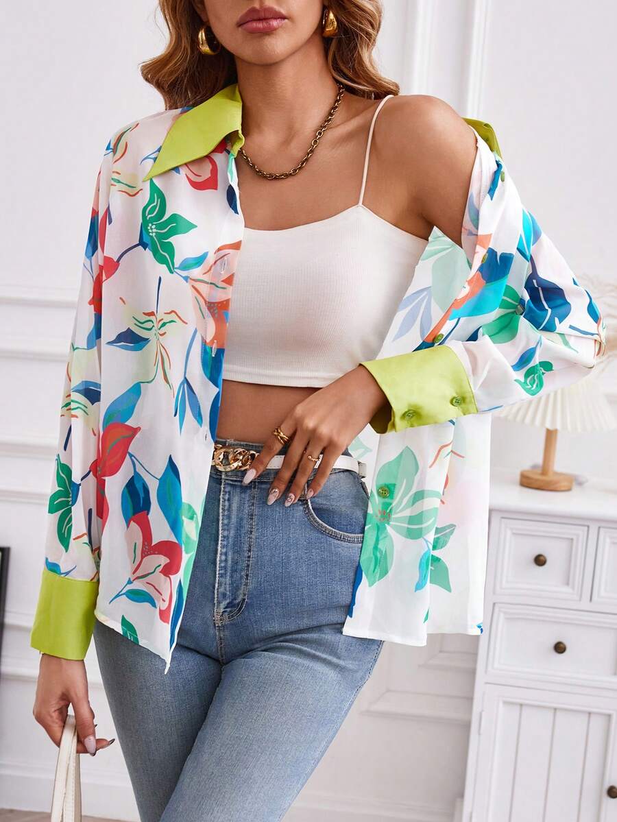 SHEIN Clasi 印花前紐扣襯衫 - 彩色 - 查看 1