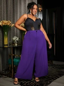 SHEIN CURVE+ 大碼前接縫闊腿西裝褲 - 黑色 - 查看 4