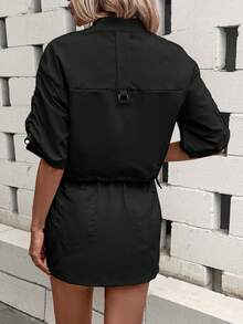 SHEIN LUNE Flap Pocket Zipper Front Jacket & Skirt - Black - View 2