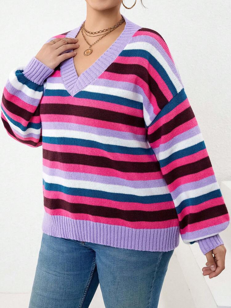Plus Block Striped Pattern Drop Shoulder Sweater Knit Pullover Fall Winter Sweater