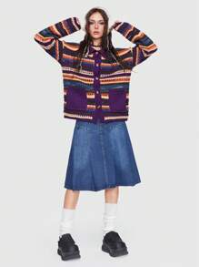 ROMWE 條紋拼色下垂肩開襟針織外套 - 彩色 - 查看 6