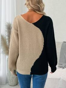 SHEIN Maternity Two Tone Drop Shoulder Sweater, For Winter - Khaki - View 3