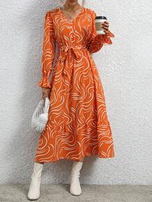 SHEIN Frenchy Allover Print Flare Sleeve Belted Dress - Multicolor - View 5