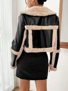 Muchica Teddy Lined PU Leather Jacket - Black - View 3