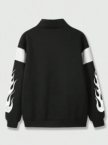 ROMWE MEN Prep 男士字母和火焰圖案半拉鏈運動衫 - 黑色 - 查看 2