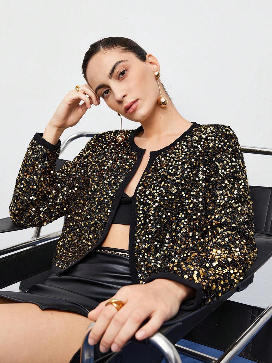 SHEIN Maija Jacke mit offener Front, Paillette, - Gold - Übersicht 1