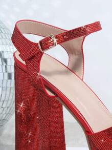 Glitter Open Toe Ankle Strap Platform Heels - Red - View 5