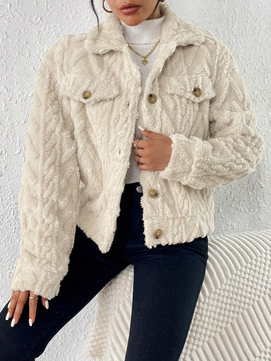 SHEIN Frenchy 翻蓋細節泰迪熊夾克 - 杏色 - 查看 1