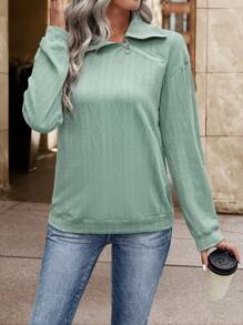 Chiquease Solid Zip Detail Drop Shoulder Sweatshirt Fall Sweatshirt - Green - View 4