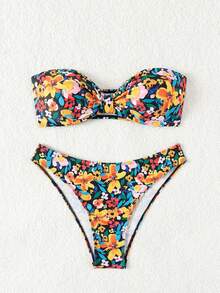 Conjunto de bikini de dos piezas con estampado de flores, para playa de verano - Multicolor - Ver 5