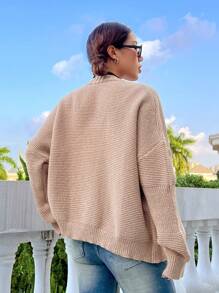 SHEIN Unity 落肩袖口袋貼布開襟衫 - 駝色 - 查看 2
