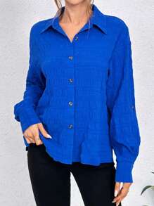 SHEIN Essnce 素色前紐扣落肩袖襯衫 - 寶藍色 - 查看 3