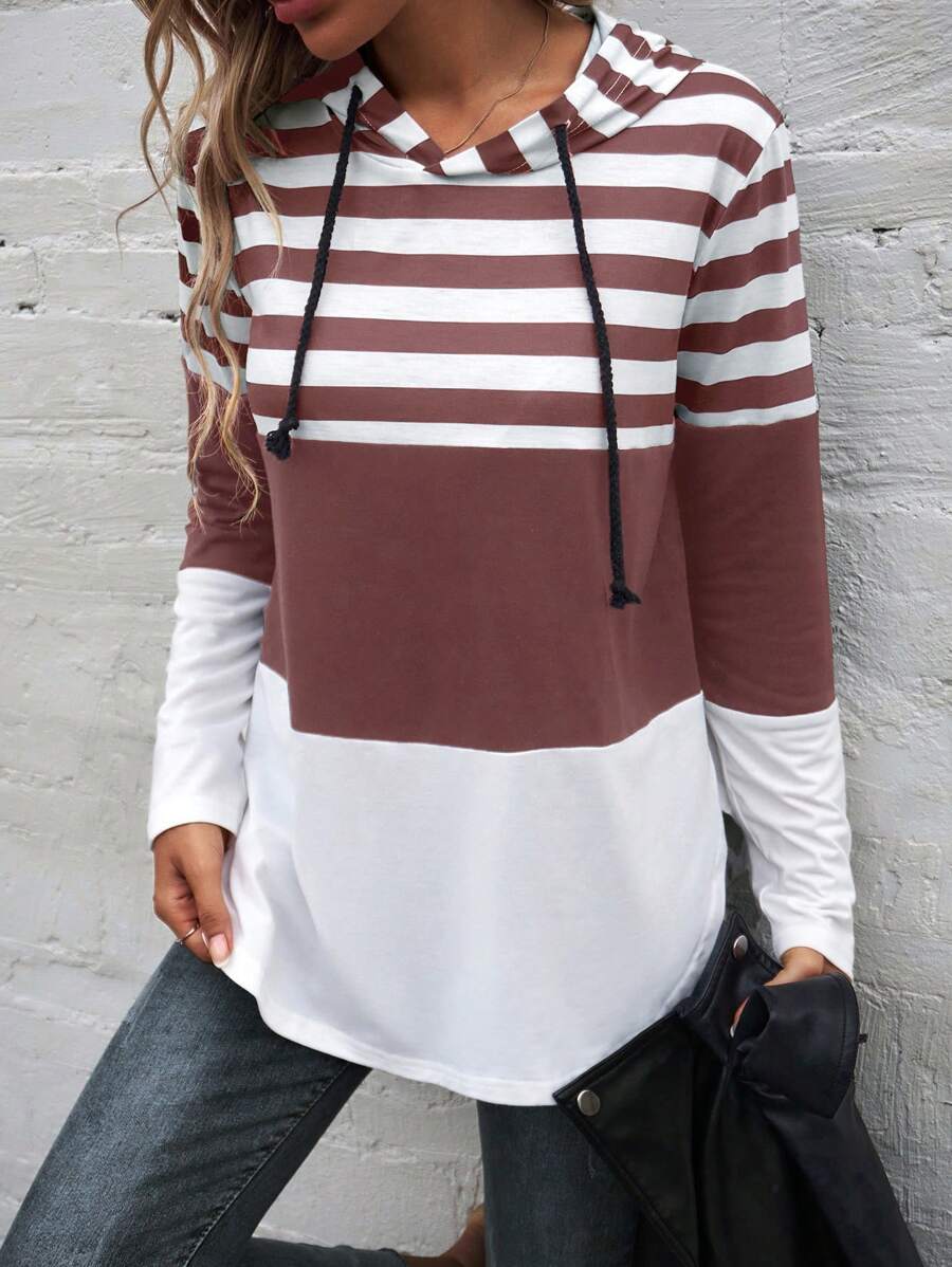 SHEIN LUNE In sọc Dây rút Hoodie - Bụi hồng - Xem 1