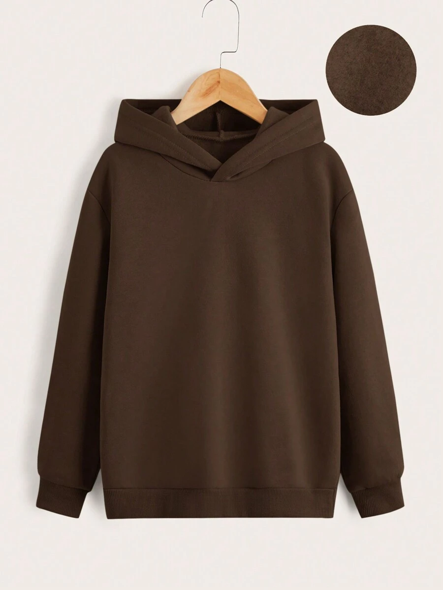 SHEIN 青少年男童纯色保暖卫衣 - 棕色 - 查看 1