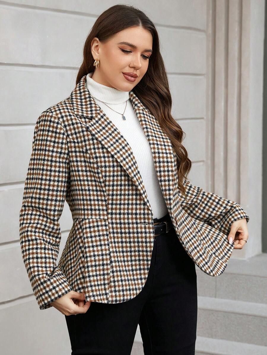 SHEIN Clasi Plus Plaid Print Single Button Blazer - Multicolor - View 1