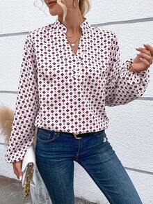 SHEIN VCAY 滿版印花燈籠袖襯衫 - 白色 - 查看 5