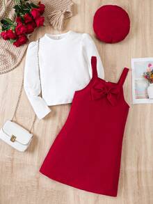 SHEIN Tween Girl Solid Tee & Bow Front Cami Dress & Hat for Christmas - Multicolor - View 5