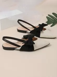 Giày bệt mũi nhọn họa tiết nơ màu thu/đông, giày lười đa năng thời trang cho nữ - Đen và trắng - Xem 5