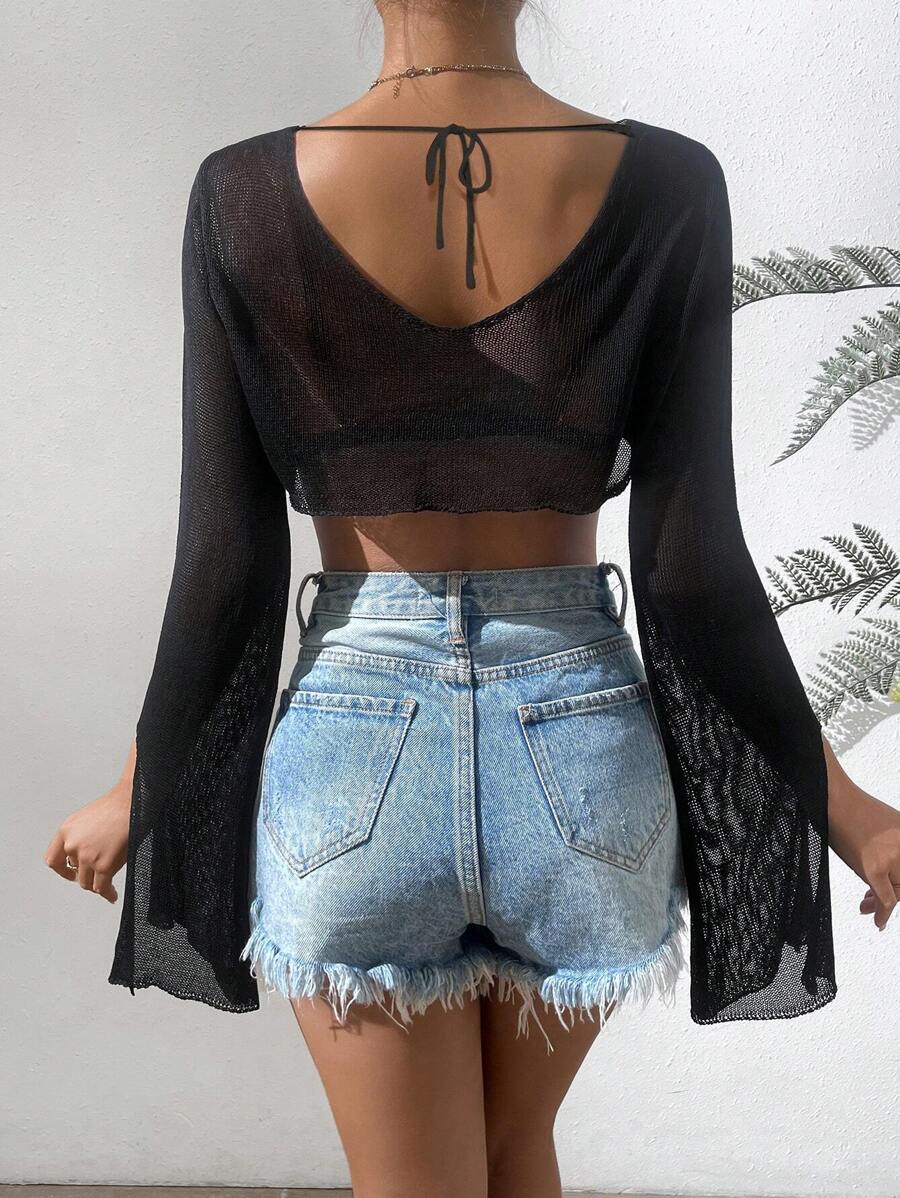 SHEIN Swim Contrast Trim Crop Cover Up Top Without Bra Summer - Black - View 1