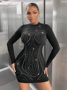 SHEIN SXY Rhinestone Detail Bodycon Dress - Black - View 1