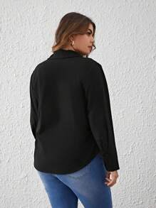 SHEIN Privé Hơn Chất rắn Nút phía trước Áo sơ mi - màu đen - Xem 2