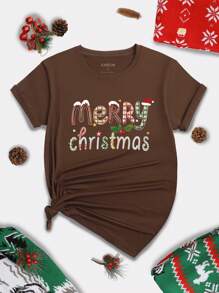 SHEIN LUNE 聖誕圖案T恤 - 棕色 - 查看 1