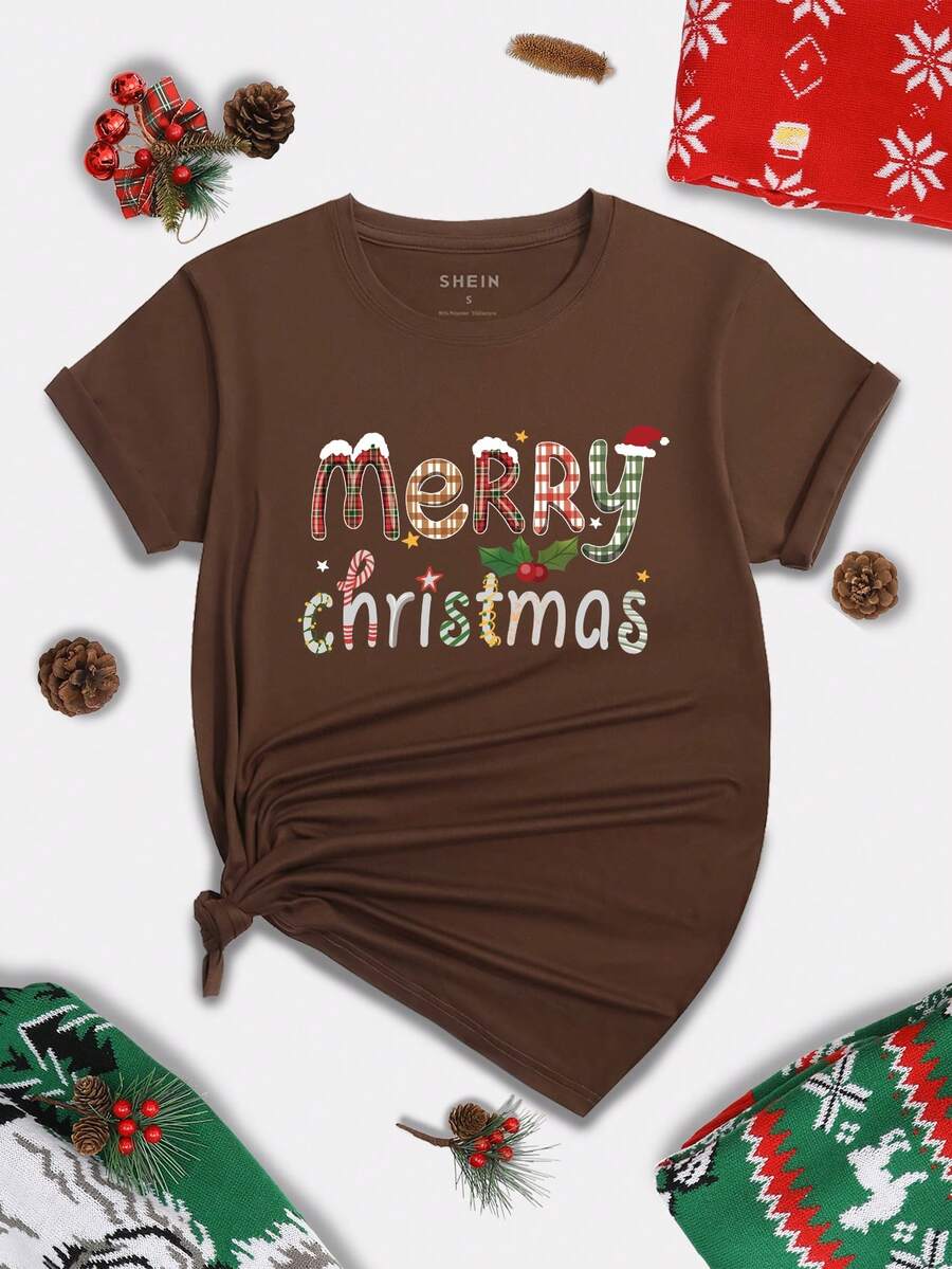 SHEIN LUNE 聖誕圖案T恤 - 棕色 - 查看 1
