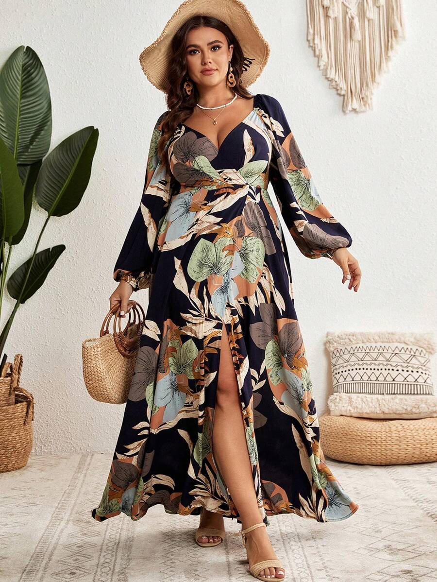 SHEIN VCAY Plus Tropical Print Lantern Sleeve Wrap Hem Dress - Multicolor - View 1